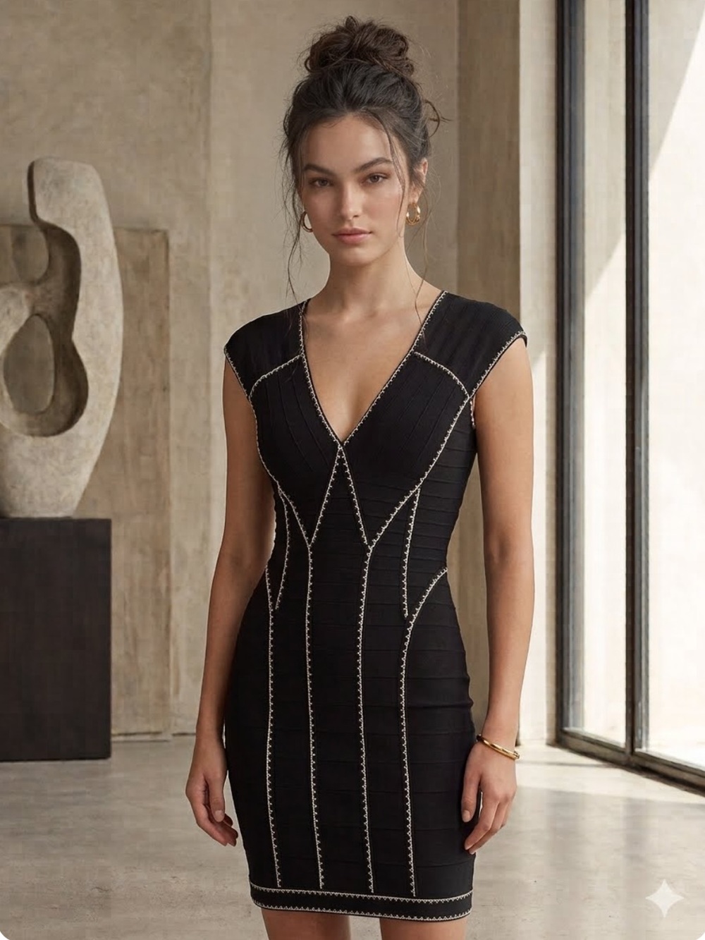 Herve Leger Black Midi Bandage Dress with White Trim